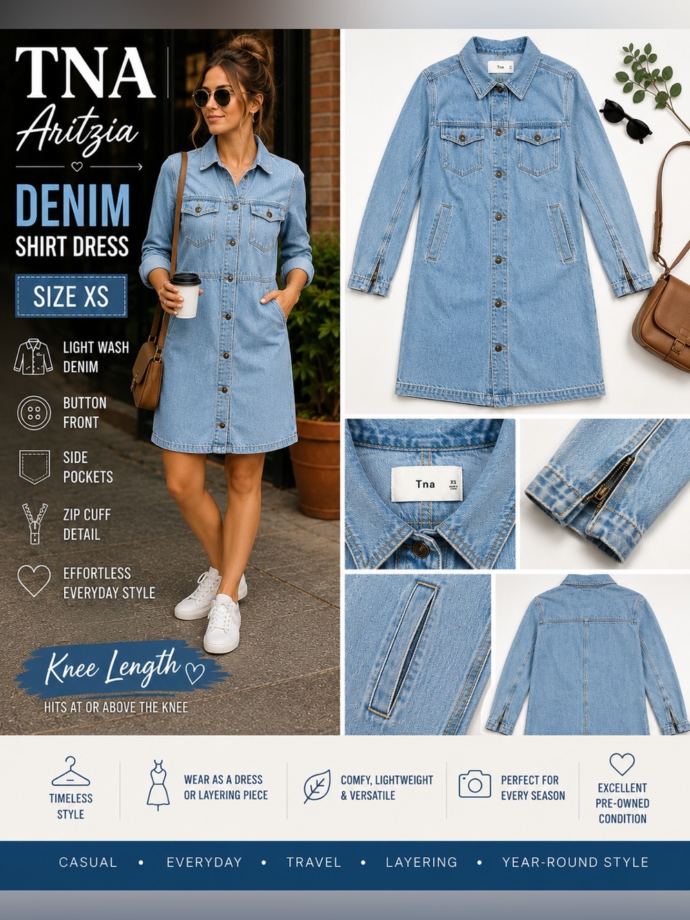 TNA Aritzia Denim Shirt Dress XS Light Wash Knee Length Utility Dress